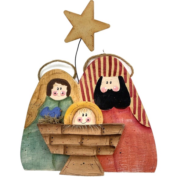 Handmade Other - Vtg Country Handmade Mary Joseph Baby Jesus Major Nativity Wooden Handpainted